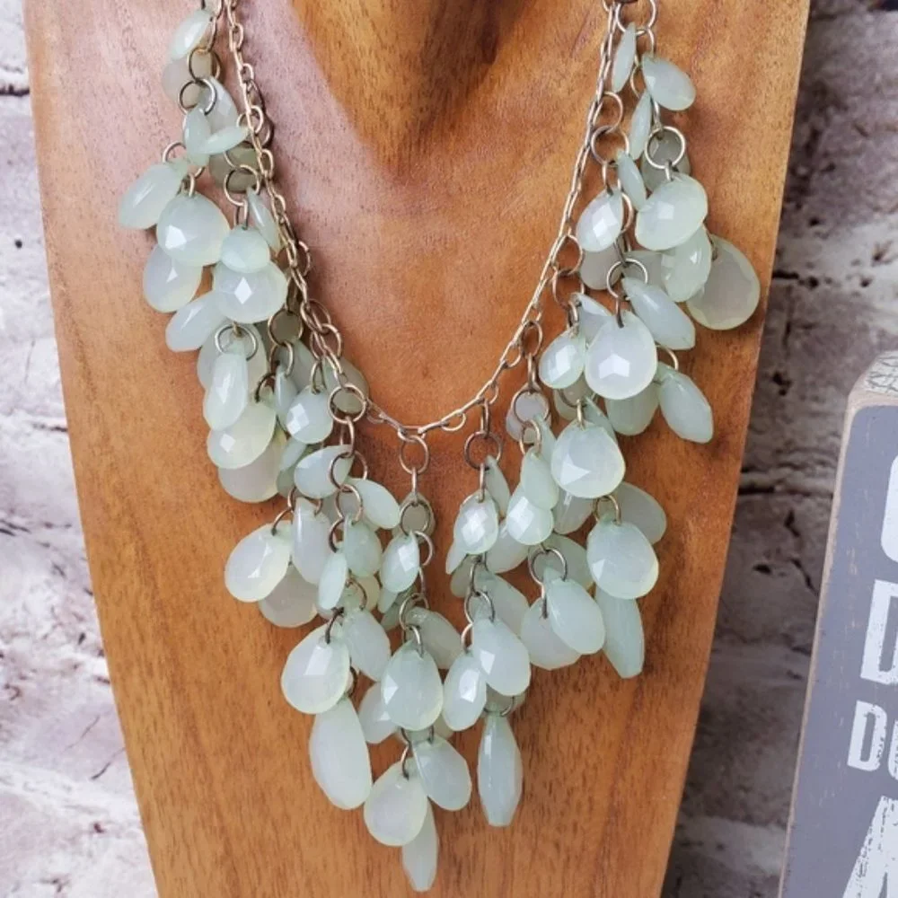 Mint Green Teardrop Charms Layered Bib Necklace Preppy Pastel Boho Formal Party